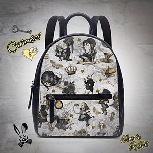 Curiouser Alice In Wonderland Noir Blanc Sac à dos Noël UK Sac à main Bandoulières Boucle Noir Faux Cuir Zipper School Petit