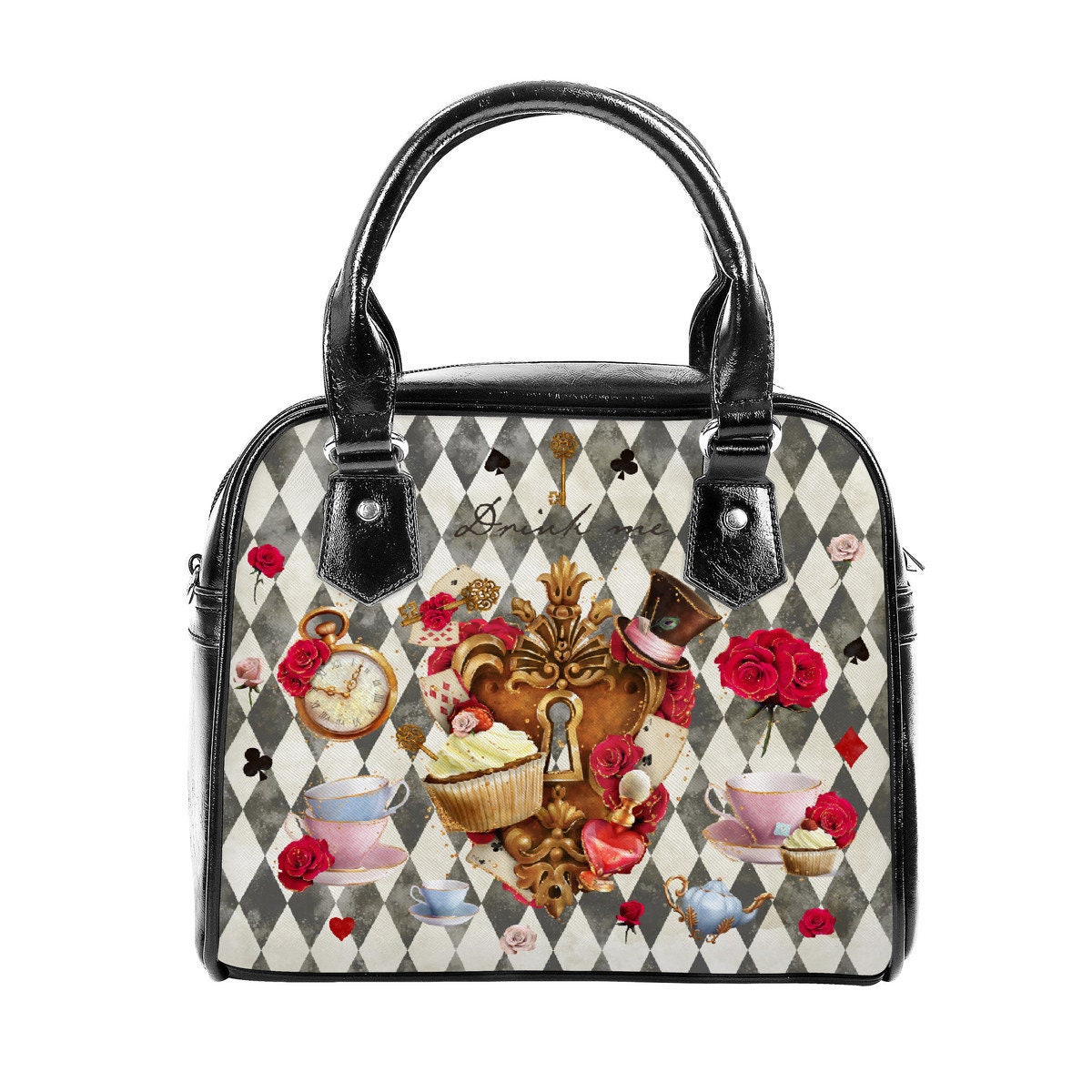 Love Lock & Key Alice in Wonderland Black Christmas UK Bag Handbag Shoulder Straps Buckle Black Faux Leather Zipper School Diamond Adjust