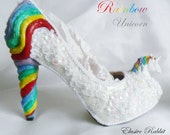 Rainbow Unicorn Sequin Heels Lace Fabric Custom Heel Ribbon White Shoe Size 3 4 5 6 7 8 Wedding Bridal Women floral Horse Fantasy Sparkly