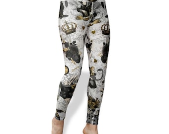 Curiouser White Grey Gothic Alice in Wonderland Women's High Waist Yoga Leggings Size S M L XL 2XL 3XL