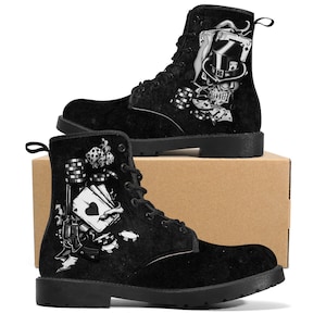 Poker Casino Las Vegas Boots Noir Blanc Steampunk Hommes Femmes Royaume-Uni 3 4 5 6 7 8 9 10 11 12 Fermé Orteil Faux Cuir Chaussure Plat