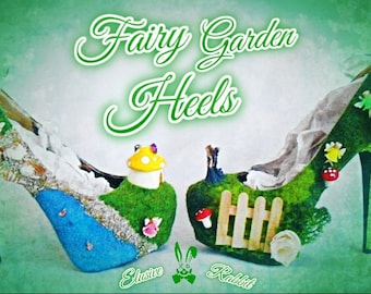 Fairy Garden Miniature Faerie Mushroom Flower Rose Dust Blue Pink Custom Green Glitter Shoe High Heel Size 3 4 5 6 7 8  Platform UK Women
