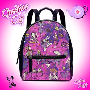 Cheshire Cat Rose Violet Alice Au Pays des Merveilles Sac à dos Noël UK Sac à main Bracelets d’épaule Boucle Noir Faux Cuir Fermeture éclair École Petit