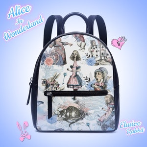 Blanc Sombre Bleu Rose Alice Au Pays des Merveilles Sac à Dos Noël UK Sac à main Bandoulières Boucle Noir Faux Cuir Zipper School Petit