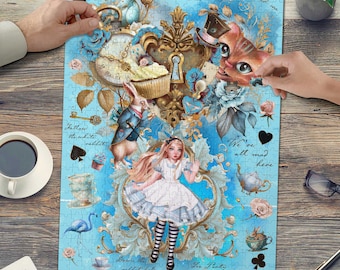 Alice in Wonderland Jigsaw Puzzle 500 Piece Gift for her Blue children Toy kid Christmas Mad Hatter Cheshire Cat Queen of Heart Gift Wrapped