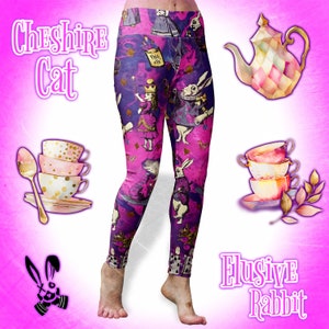 Cheshire Cat Pink Purple Gold Alice in Wonderland Women&#39;s High Waist Yoga Leggings Size S M L XL 2XL 3XL