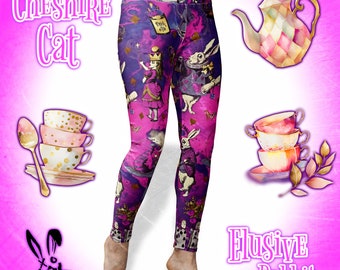 Cheshire Cat Pink Purple Gold Alice in Wonderland Women's High Waist Yoga Leggings Size S M L XL 2XL 3XL