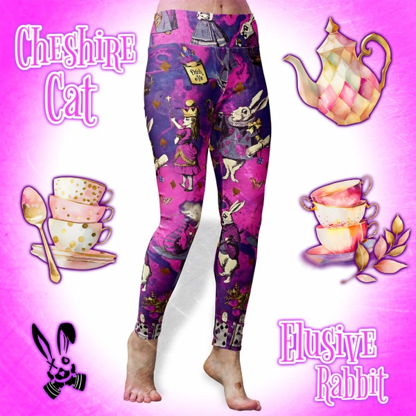 Leggings de yoga taille haute Alice au pays des merveilles rose violet or chat du Cheshire taille S M L XL 2XL 3XL