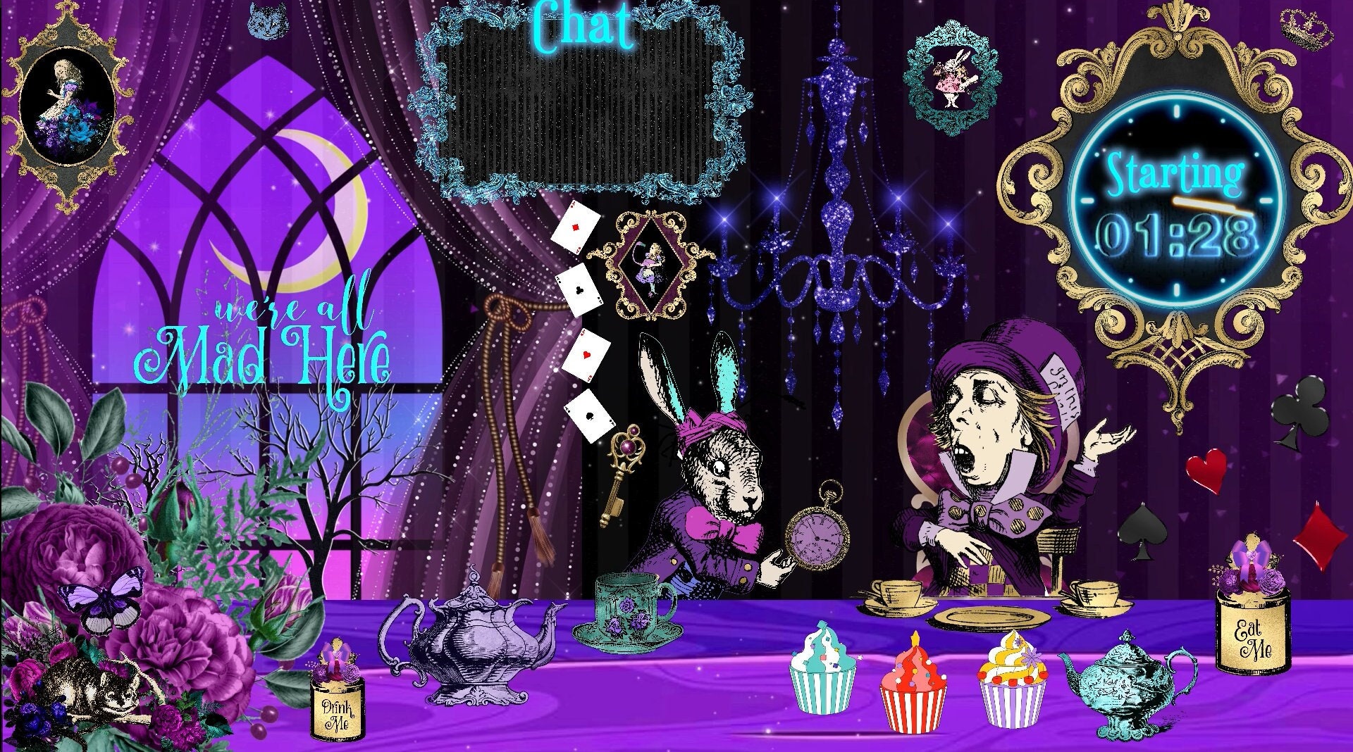 Animated Mad Tea Party Twitch Starting Screen Alice in Wonderland Overlay Purple Pink Countdown Clock Hatter March Hare Kawaii Pastel Goth