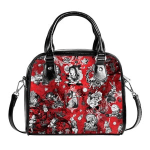 Crimson Red Gothic Mad Alice In Wonderland Noir Gris Sac de Noël Sac à main Bandoulière Noir Faux Cuir Zipper School Petit Réglable