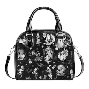 Gothique Mad Alice Au Pays des Merveilles Noir Blanc Noël UK Sac à main Bandoulières Boucle Noir Faux Cuir Zipper School Petit Réglable