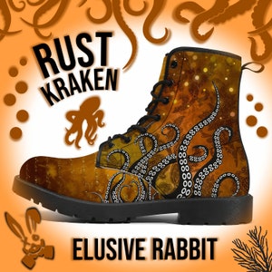 May include: Rust Kraken boots with a brown and gold background featuring a white octopus design. The boots have black laces and a black sole.