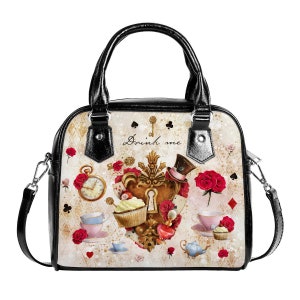 Love Lock & Key Alice In Wonderland Gold Christmas UK Bag Handbag Shoulder Straps Buckle Black Faux Leather Zipper School Diamond Adjust