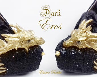 Dark Eros Dragon Heels Gold Heart Spikes Custom Sculpt Shoe Kraken heel Size 3 4 5 6 7 8 Wedge Fantasy Mythical Bridal Wedding Alternative