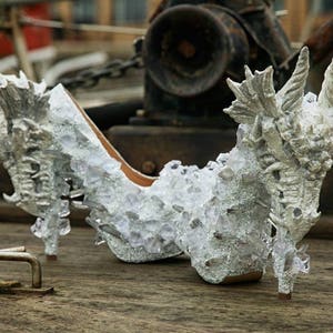 Dragon Typhon Heels White crystal Quartz Diamond Custom Hand Sculpt Kraken Shoe Size 3 4 5 6 7 8 Glitter Fantasy Mythical Bridal Wedding