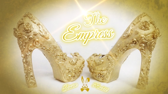 The Empress Heels Gold Metallic Baroque Damask Elegant Wedding Bridal Custom Hand Sculpt Paint Shoe Size 3 4 5 6 7 8 High Wedge Octopus Etsy Canada