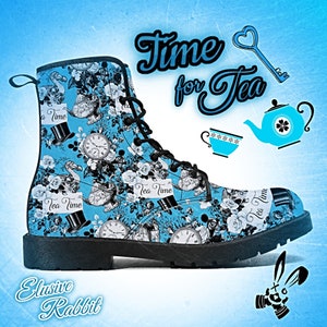Time For Tea Baby Blue Alice In Wonderland Winter Boots Christmas UK 3 4 5 6 7 8 Closed Toe Faux Leather Wedding Shoe Heel Custom Women Flat
