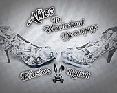 John Tenniel's Classic 1865 Vintage Alice In Wonderland Decoupage Custom Women Glitter Shoe High Heel Black White Size 3 4 5 6 7 8 Platform