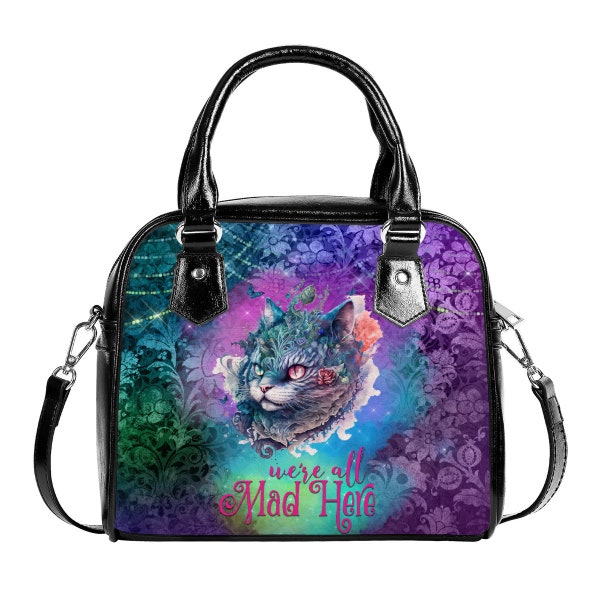 Mystic Cheshire Cat gothique Alice au pays des merveilles violet cadeau de Noël pour son sac Messenger sac à main bandoulière noir simili cuir école