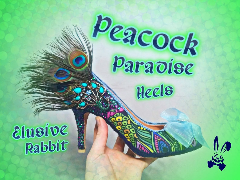 Peacock Paradise Heels Brooch Bow Green Wedding Bridal Custom Mid Low Crystal Lace Glitter Shoe Size 3 4 5 6 7 8 High Wedge Blue Feather image 1