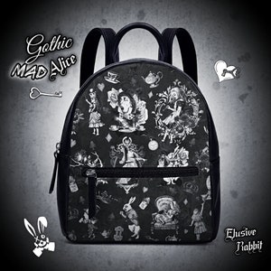 Gothique Mad Alice Au Pays des Merveilles Noir Blanc Sac à Dos Noël UK Sac à Main Bandoulières Boucle Noir Faux Cuir Zipper School Petit
