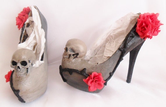 Skull Heels Grim Reaper Goth Gothic Halloween Cosplay Costume Dead Flower Vine Thorn Custom Sculpted Black Red Glitter Shoe Size 3 4 5 6 7 8 Etsy