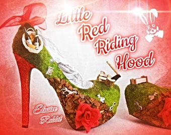 Little Red Riding Hood Miniature Flower Rose Custom 3D Ribbon Charm Wood Green Glitter Shoe High Heel Size 3 4 5 6 7 8  Platform UK Women