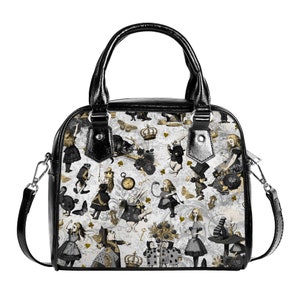 Curiouser Gothic Mad Alice In Wonderland Noir Blanc Sac de Noël Sac à main Bandoulières Noir Faux Cuir Zipper School Petit Réglable