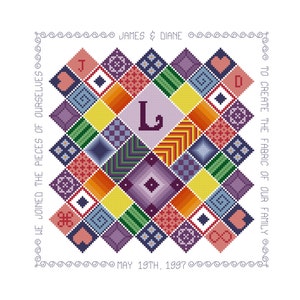 May include: A colorful quilt pattern with a large letter L in the center. The quilt is surrounded by a border with the text "WE JOINED THE PIECES OF OURSELVES" on the left and "TO CREATE THE FABRIC OF OUR FAMILY" on the right. The text "JAMES & DIANE" appears above the quilt and "MAY 19TH, 1997" appears below the quilt.