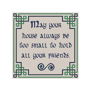 May include: A beige background with a blue and green Celtic knot border. The text inside the border reads "May your house always be too small to hold all your friends."