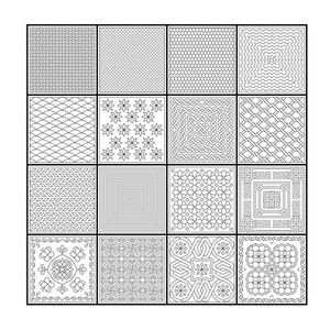 May include: A black and white image of 16 different geometric patterns. Each pattern is contained within a square frame. The patterns are all symmetrical and intricate.