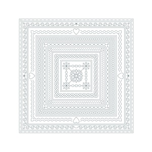 May include: A black and white line drawing of a square with multiple layers of decorative borders. The borders are made up of different patterns, including hearts, waves, and geometric shapes.