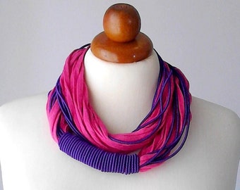 Multistrand necklace fuchsia pink statement necklace fiber necklace textile jewelry fabric necklace fabric jewelry hot pink necklace scarf