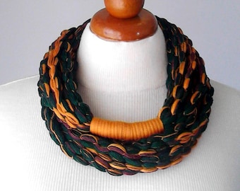 Fiber necklace Fiber art scarf necklace scarf textile necklace with forest green and mustard yarns chunky necklace crochet jewelry