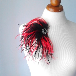Red & Black Ostrich Feather Brooch: Bold Fashion Jewelry