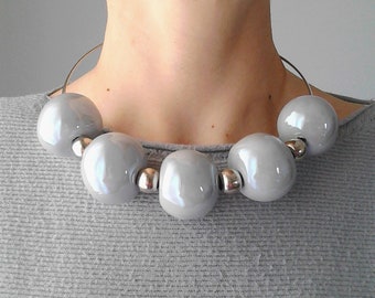 Gray beaded necklace gray beaded choker gray necklace choker grey bead choker large bead necklace ceramic necklace statement beaded necklace