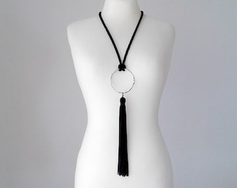 Black tassel pendant fringe necklace pendant tassel necklace tassel jewelry silk tassel necklace long tassel pendant long boho jewelry