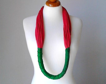 Long boho necklace mexican jewelry green red necklace upcycled jewel upcycled necklace silk necklace sari ribbon necklace double necklace