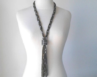 Gray statement necklace gray silk necklace long statement necklace long tassel necklace threads necklace gray long necklace PlexisArt jewel