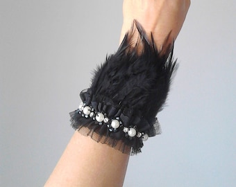 Statement bracelet cuff bracelet feathers bracelet cuff feather bracelet feathers wrist cuff feather cuffs Gothic jewelry Halloween costume