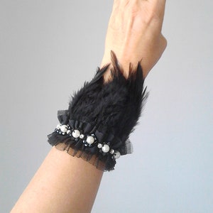 Statement bracelet cuff bracelet feathers bracelet cuff feather bracelet feathers wrist cuff feather cuffs Gothic jewelry Halloween costume image 3