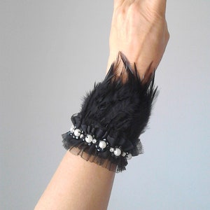 Statement bracelet cuff bracelet feathers bracelet cuff feather bracelet feathers wrist cuff feather cuffs Gothic jewelry Halloween costume image 1