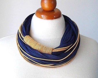 Gold blue necklace navy blue necklace blue statement necklace bib necklace chunky necklace contemporary necklace modern gold blue necklace