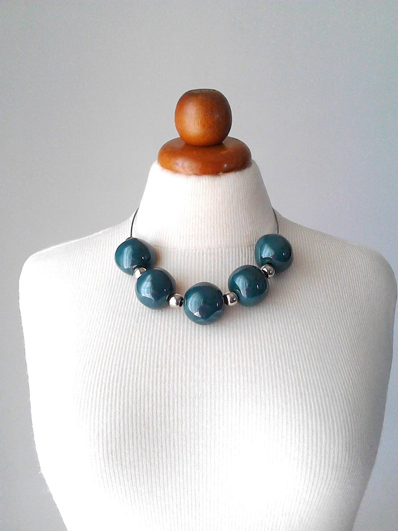 Gray beaded necklace gray beaded choker gray necklace choker grey bead choker large bead necklace ceramic necklace statement beaded necklace Teal