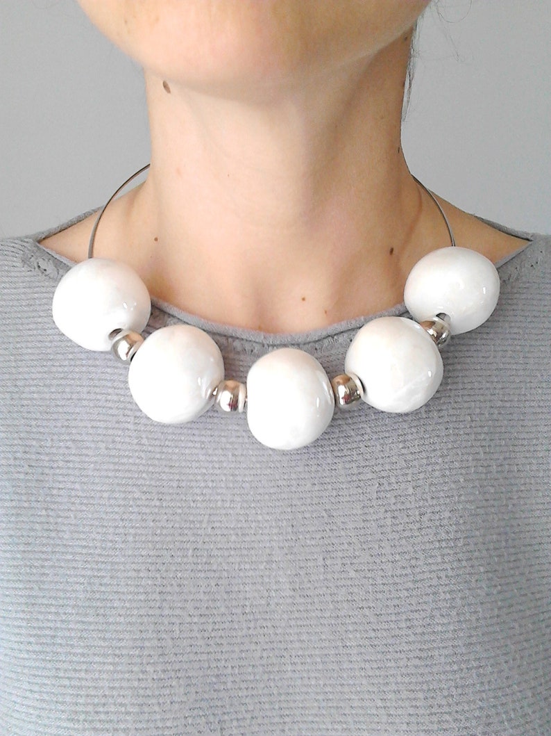 Gray beaded necklace gray beaded choker gray necklace choker grey bead choker large bead necklace ceramic necklace statement beaded necklace image 2