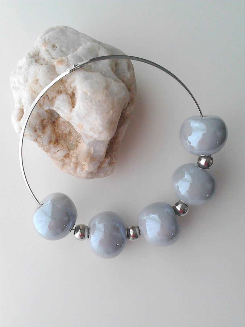 Gray beaded necklace gray beaded choker gray necklace choker grey bead choker large bead necklace ceramic necklace statement beaded necklace Gray