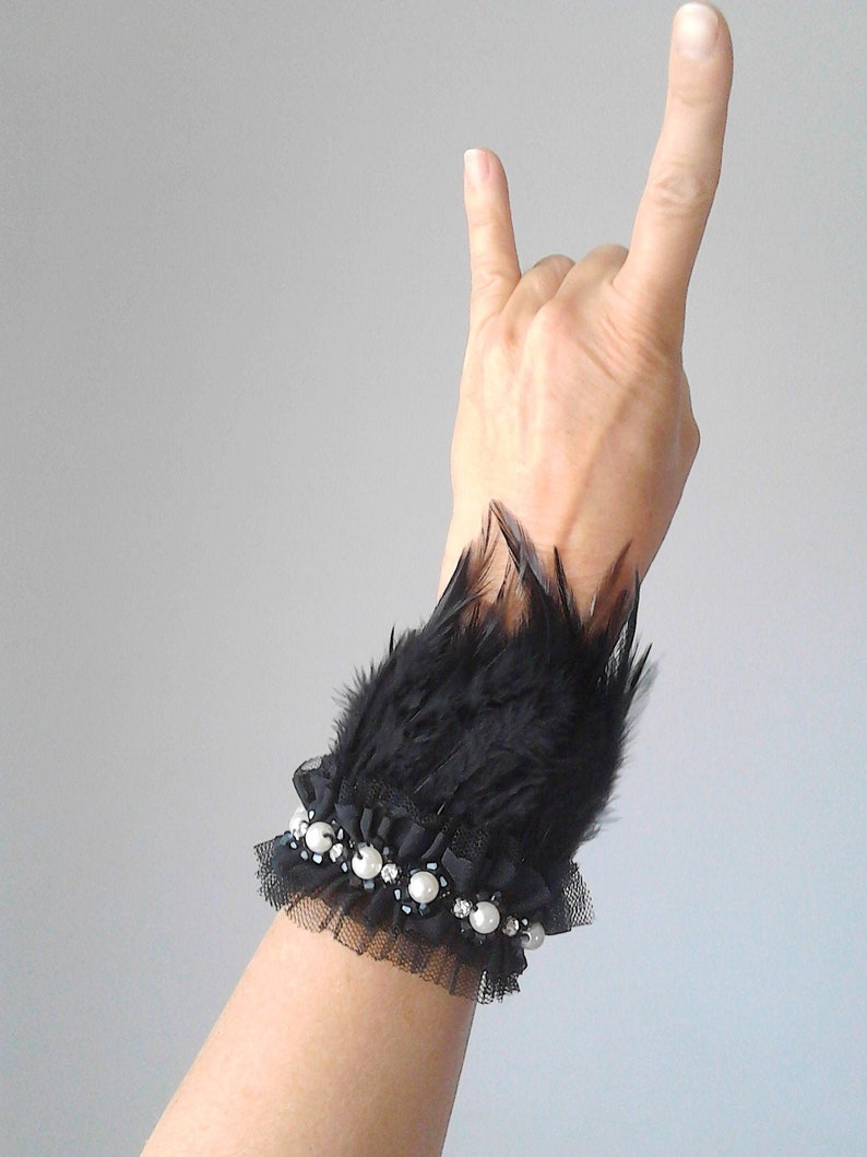 Statement bracelet cuff bracelet feathers bracelet cuff feather bracelet feathers wrist cuff feather cuffs Gothic jewelry Halloween costume image 1