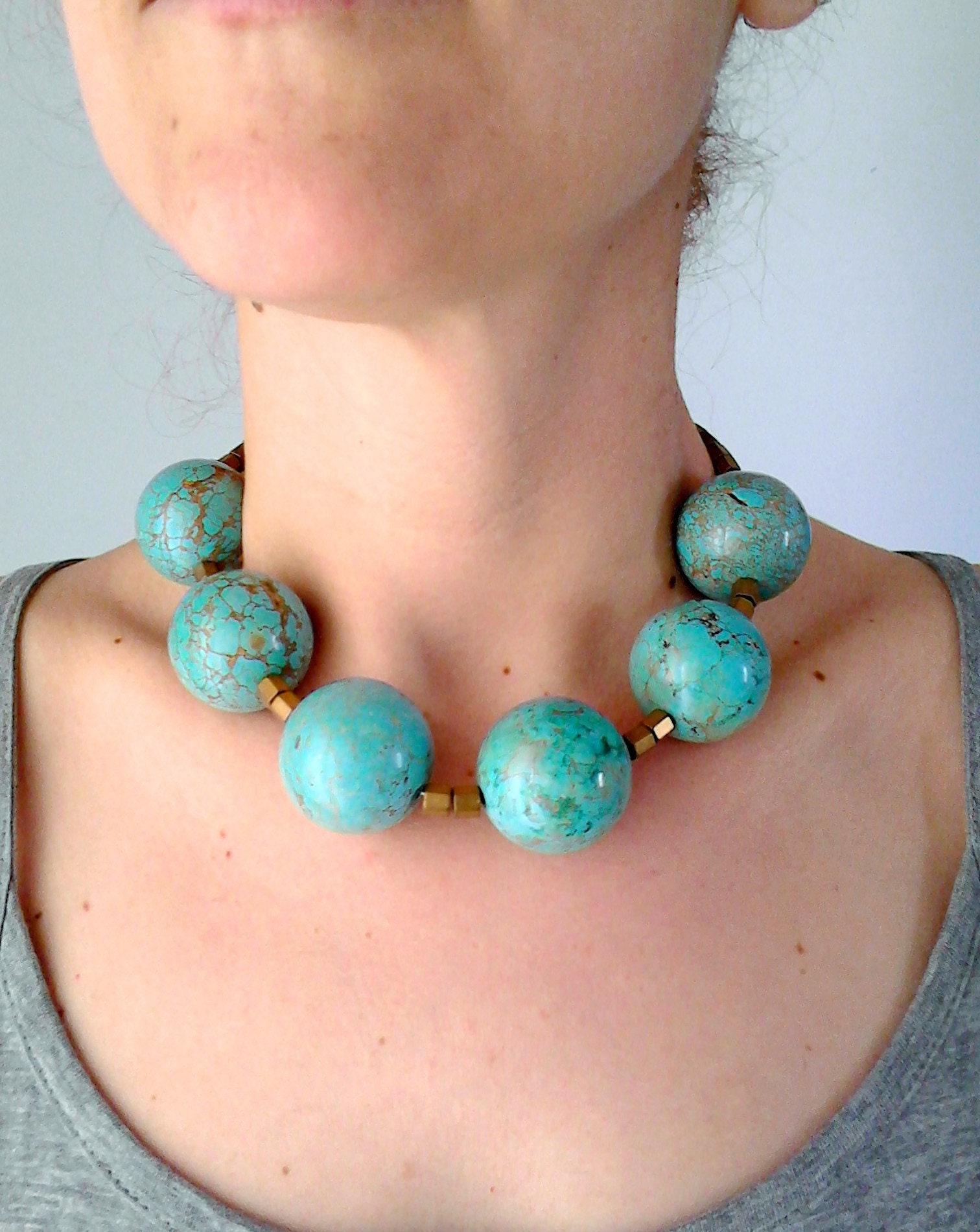 Lot - Chunky natural necklace 3pc group: Abra large turquoise necklace,  Zsiska? Asian inspired stone pendant necklace with clay animal beads, heavy  single strand necklace of agate beads 20
