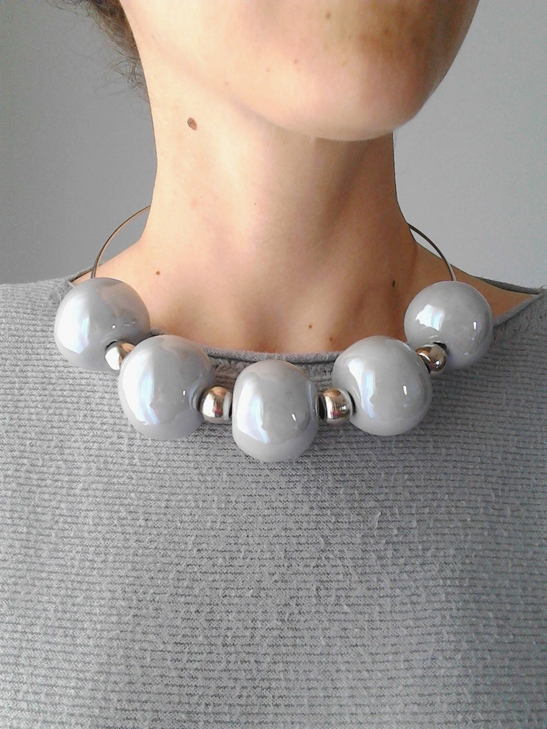 Gray beaded necklace gray beaded choker gray necklace choker grey bead choker large bead necklace ceramic necklace statement beaded necklace image 1