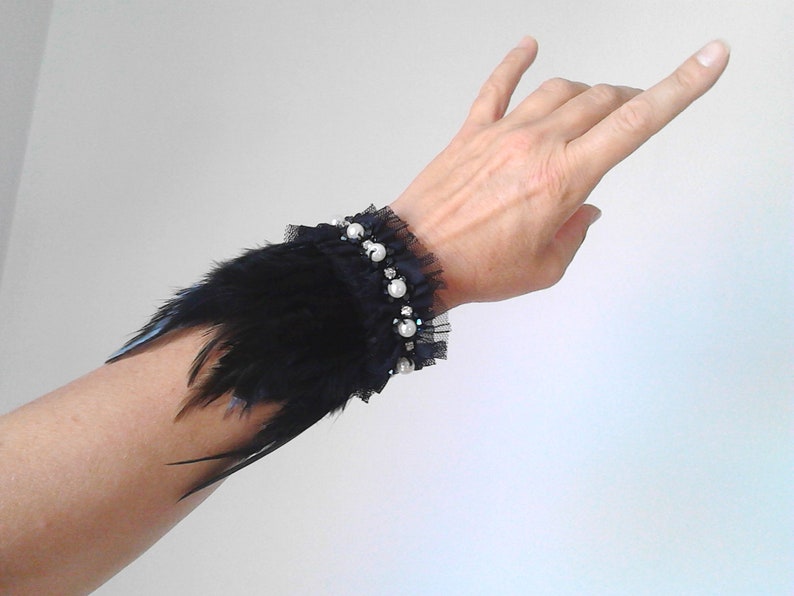 Statement bracelet cuff bracelet feathers bracelet cuff feather bracelet feathers wrist cuff feather cuffs Gothic jewelry Halloween costume image 8